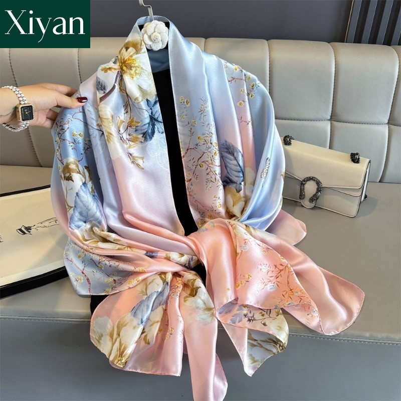 【ready stock】new fashion women printed satin shawl silk scarf long scarf  90*180cm beach towel sunscreen shawls muslim hijab female scarves