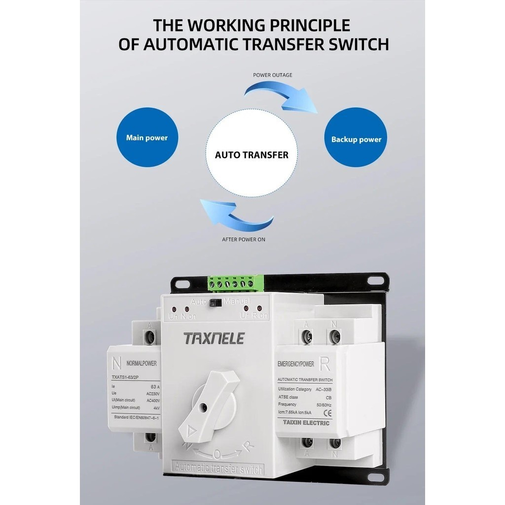 TAXNELE ATS 2P 63A Dual Power Automatic Transfer Switch AC 230V MCB ...