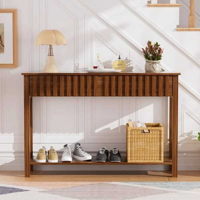 Console with 2 Fluted Drawers Shelf, 47.2" Mid Century Entryway Table ...