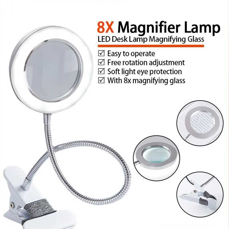 8X Magnifier LED Desk Lamp Magnifying Glass With Clamp USB Cold Light