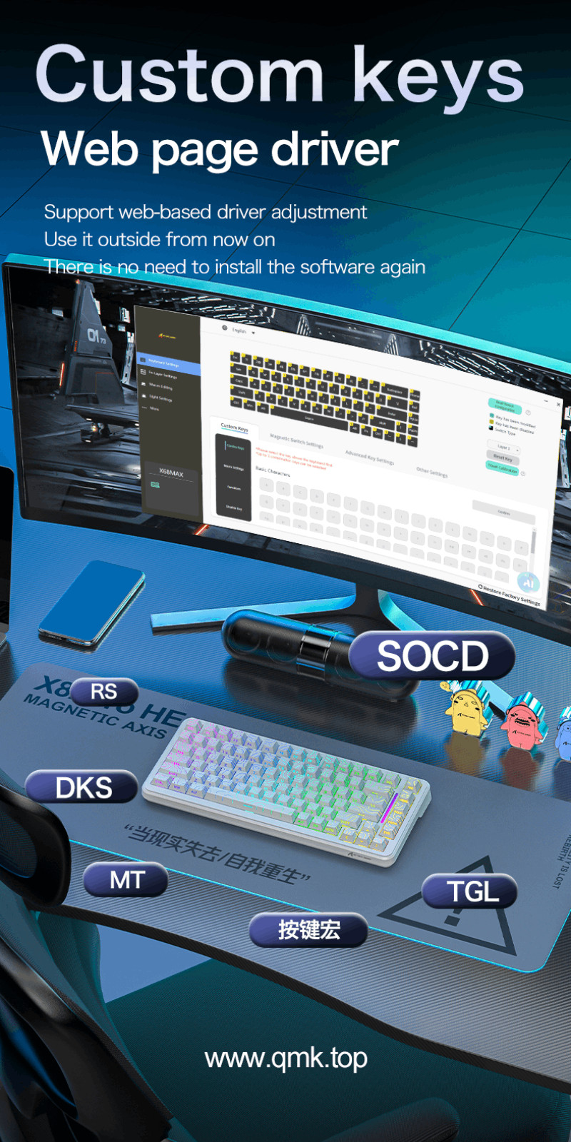 ATTACK SHARK X82 PRO HE Comics Wireless 3 Mode Mechanical Keyboard ...