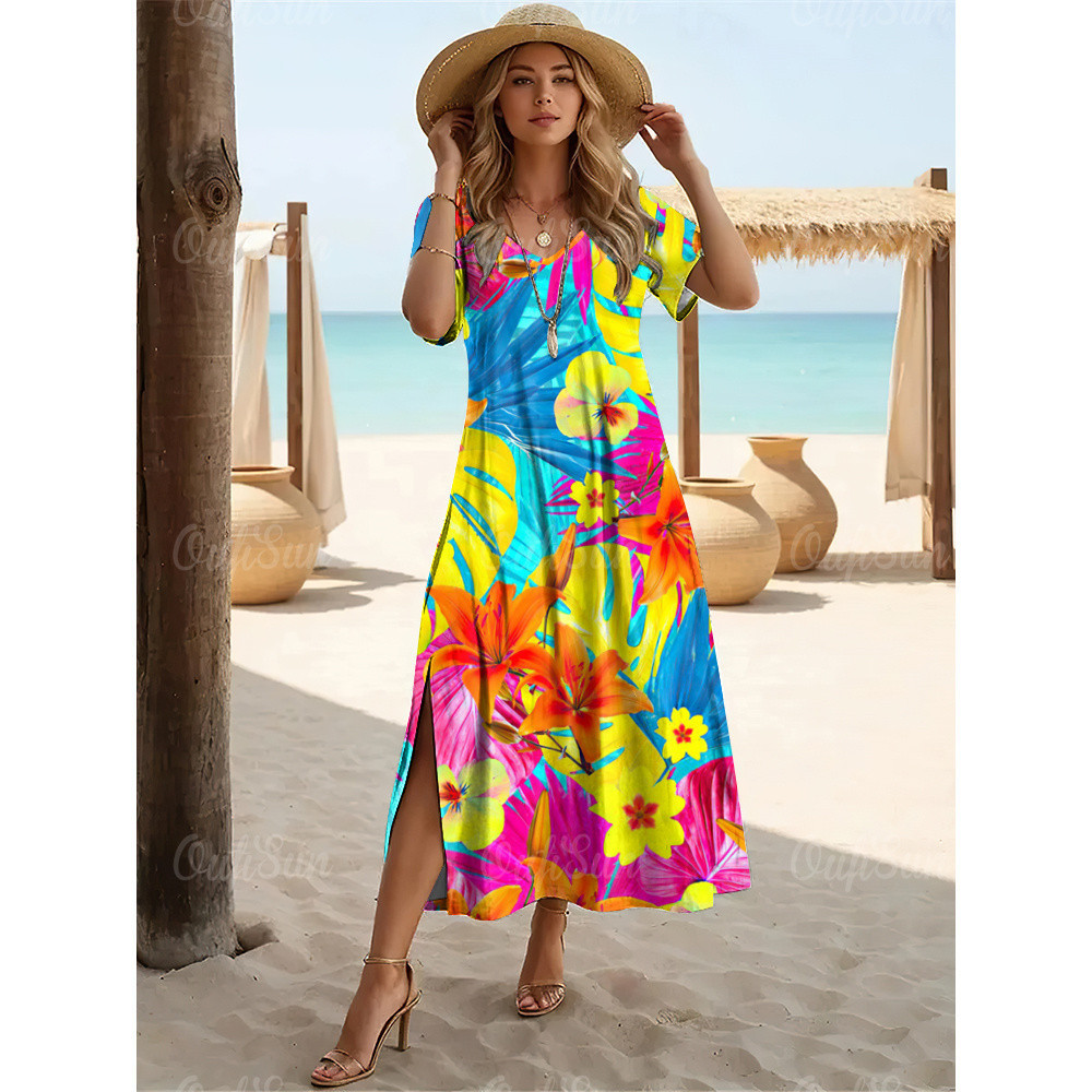 Relaxed Waist V-Neck Short Hawaiian Dress