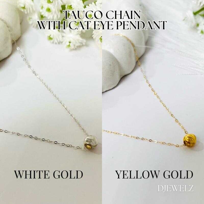 18K TAUCO CHAIN 18” White/Yellow GOLD WITH CAT EYE PENDANT LIGHTWEIGHT ...