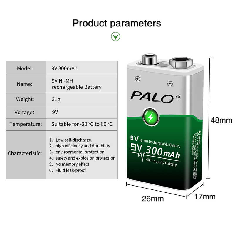 NiMh PALO 6F22 Batteries 9 Voltage With LED Charger For 1.2V AA AAA 9V