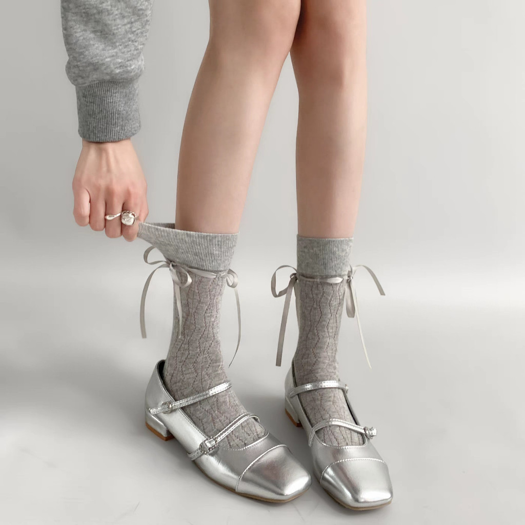 Women Ballet Style Ribbon Y2K Bow Socks Lace Stripe Balletcore JK Calf ...