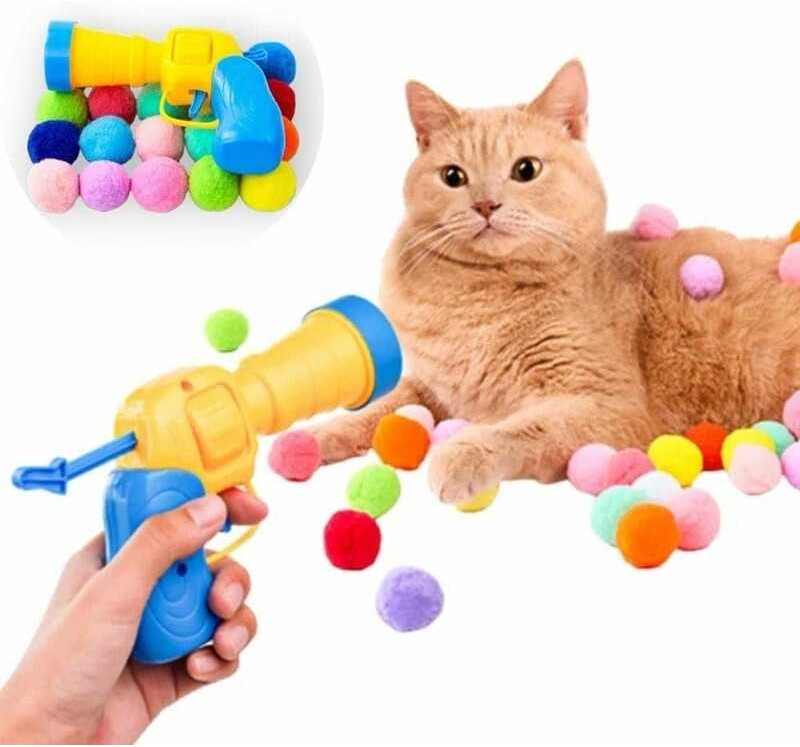Launcher 30 Mini Balls and Pompom Fetch Toy Shooter, Shooting Gun, Cat ...