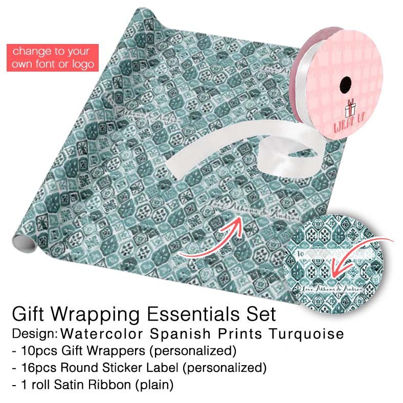 Gift Wrapping Essentials - Watercolor Spanish Prints Turquoise -Wrapper ...