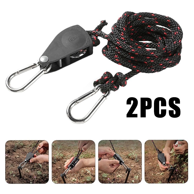Led Light Hangers 12 Pack Rope Clip Hanger 1/8 Inch 8 FT Adjustable Lifting Pulley Lanyard Hanger With M5 Iron Galvanized Carabiner, Reinforced Metal Internal Gears Ratchets 150lbs Capacity, Black Ratchet Rope