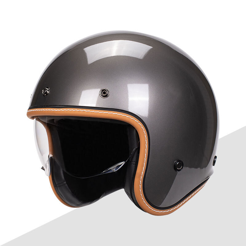 2024 Metallic Gray Classic Open Face Motorcycle Helmet Cafe Racer 3/4 ...