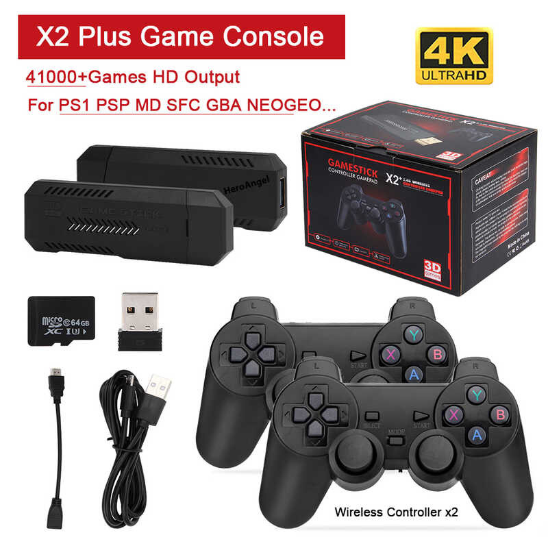 Retro Games Console, X2 Plus Game Stick Retro Console Dubbele Draadloze Controller, 40000 Games, 128GB