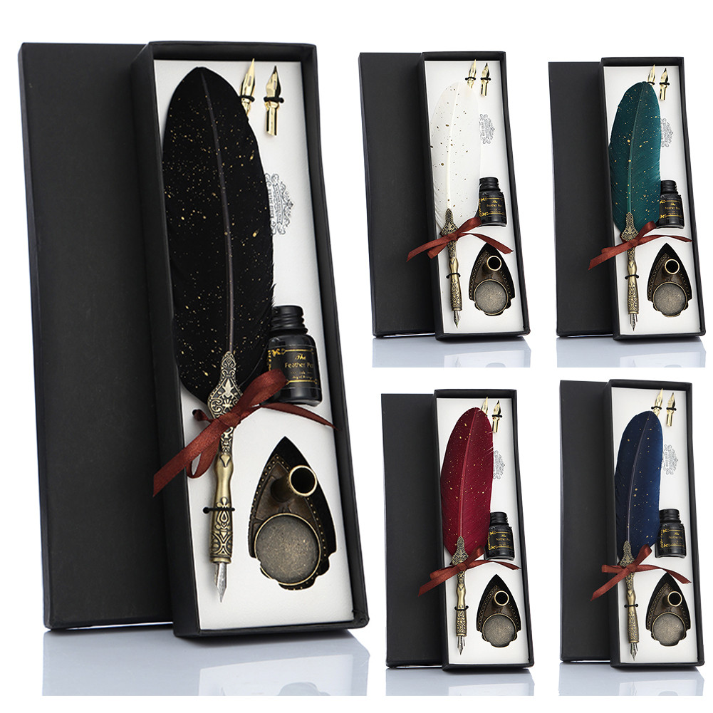 Calligraphy Feather Dip With 2 Nib Set Quill Fountain Writing Pen Gift ...