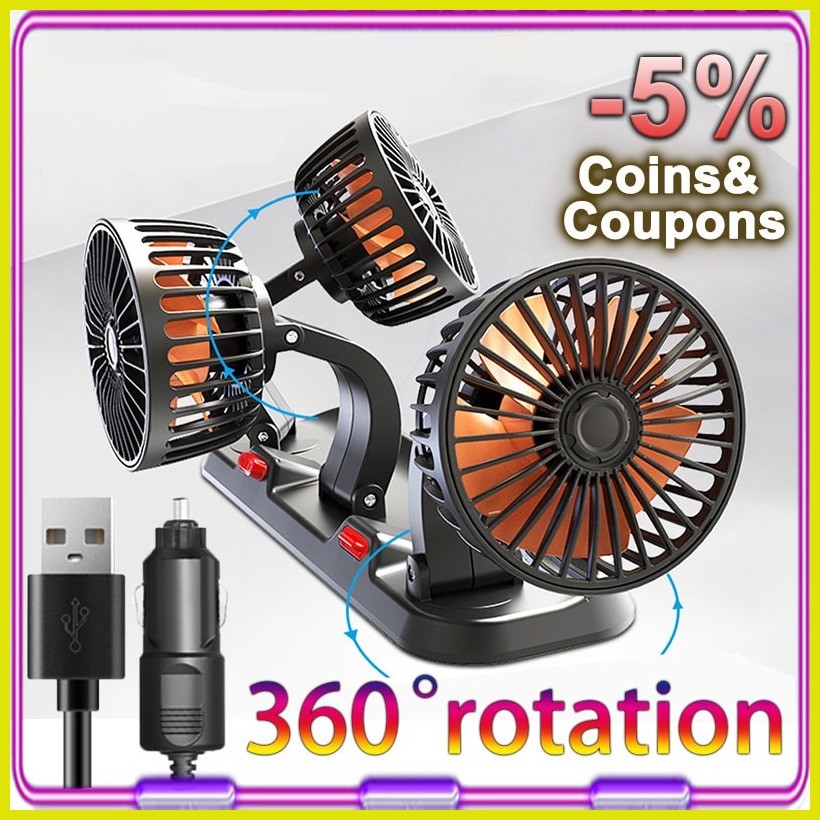⊕ Original car fan 12v double headed 360° Adjustable 2 Speeds Auto