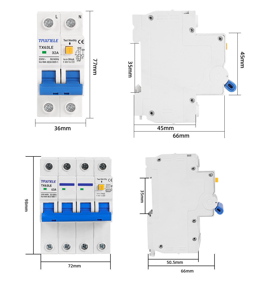 Overload Short Circuit Protection 2P 4P 30mA Residual Current Circuit ...