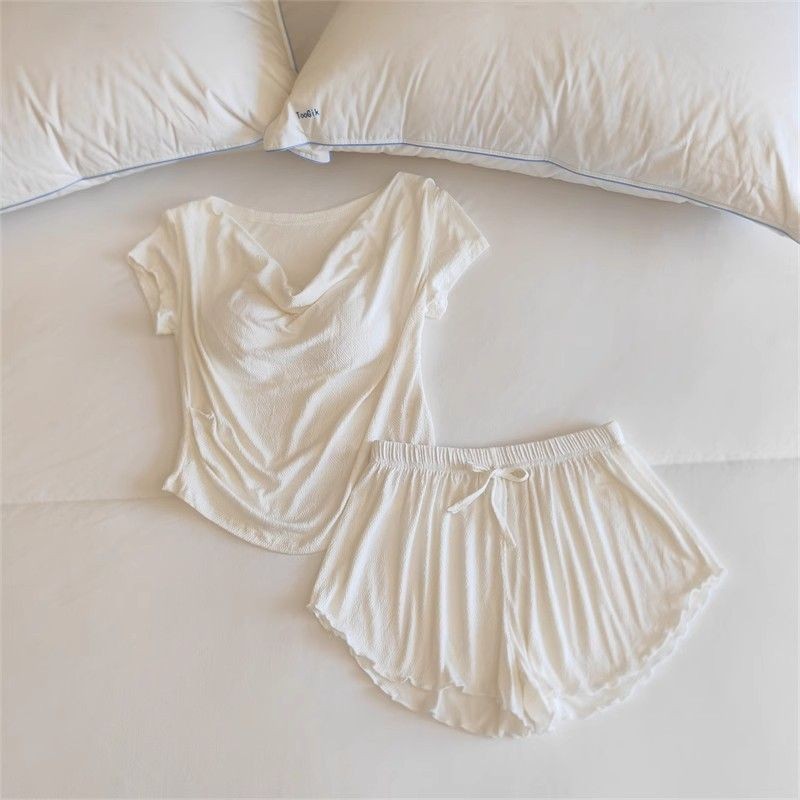 Solid Color Pajamas for Women Summer Short Sleeve with Chest Pad One ...