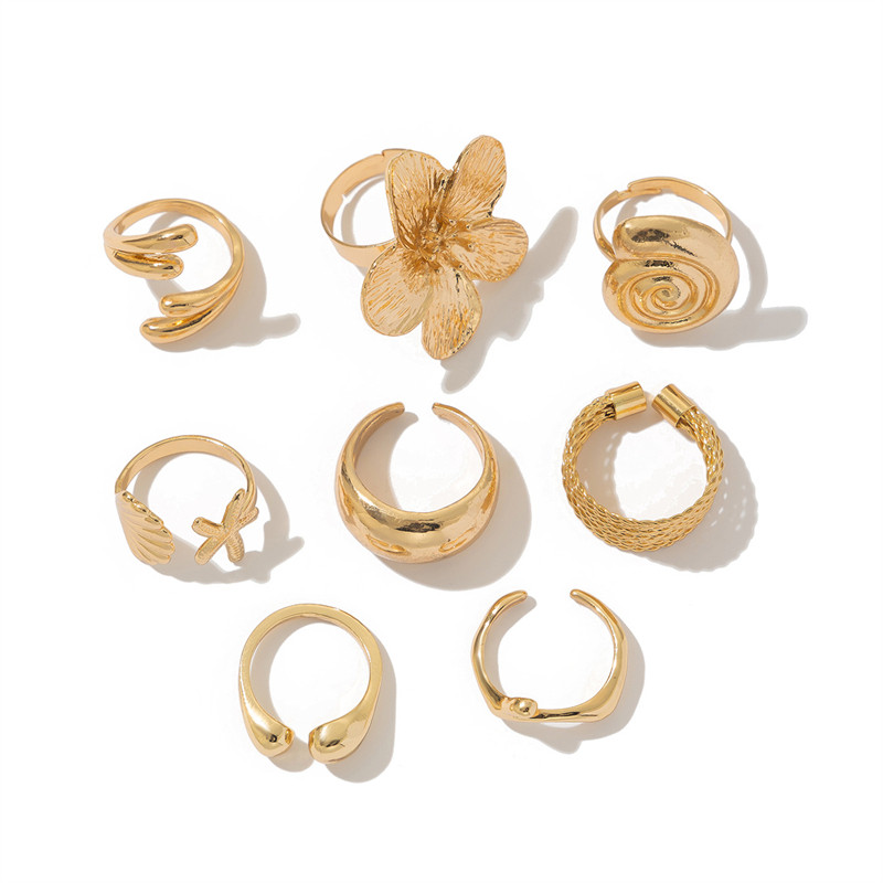 8-Piece Fashion Starfish Seashell Floral Combo Rings Set Gold Plated ...