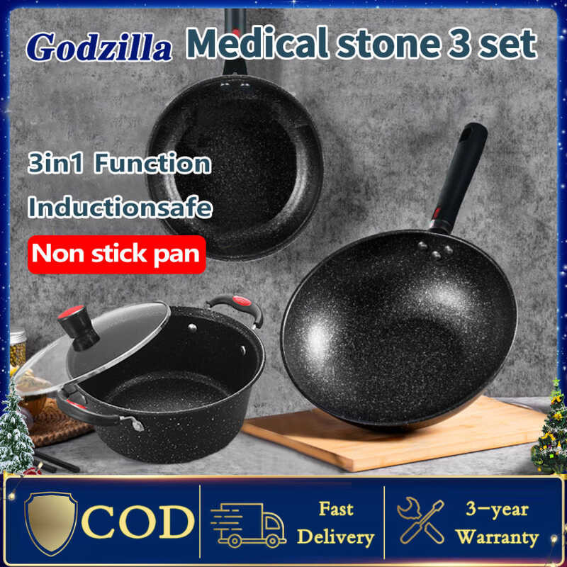 3Pcs Cookware Set Non Stick Chinese Wok Soup Pot Frying Pan Kitchenware ...