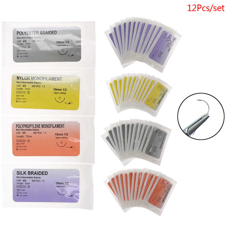 12Pcs 4/0 Medical Nylon Monofilament Silk Braided Needle Thread Suture ...