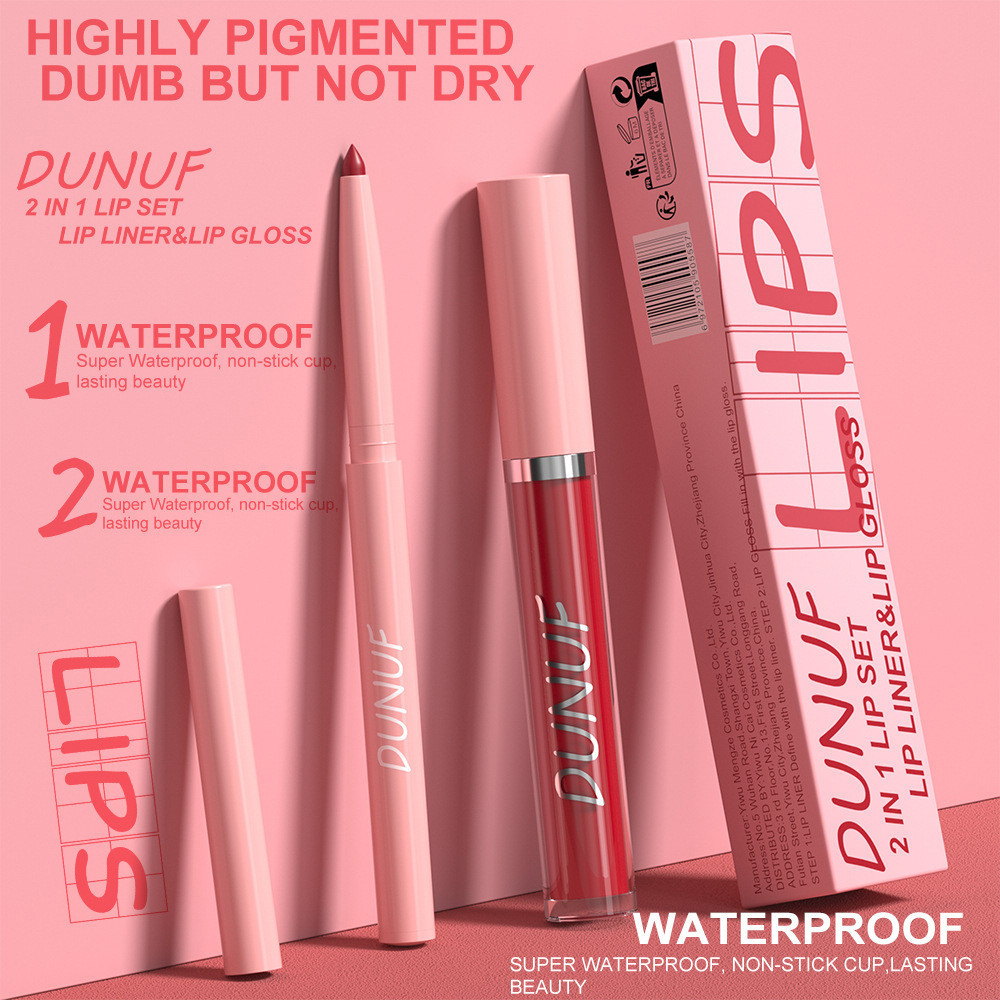 DUNUF 2 IN 1 Shaping Lip Contour Slim Lipliner Pencil Lip Gloss Set 12 ...