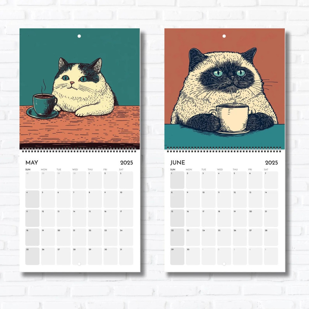 Cats Chillin' with Coffee 2025 Wall Calendar,Quirky and Fun Feline