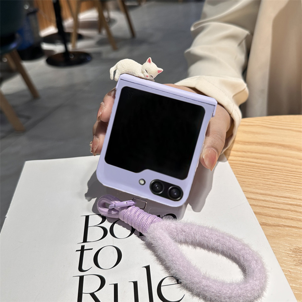 Korean Cute Purple White Cat Plush Portable Rope Phone Case for Samsung ...