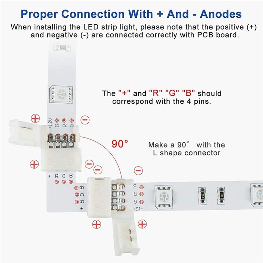 LED Connector 10mm 4 Pin RGB L T X Cross Shape PCB Solderless Corner ...