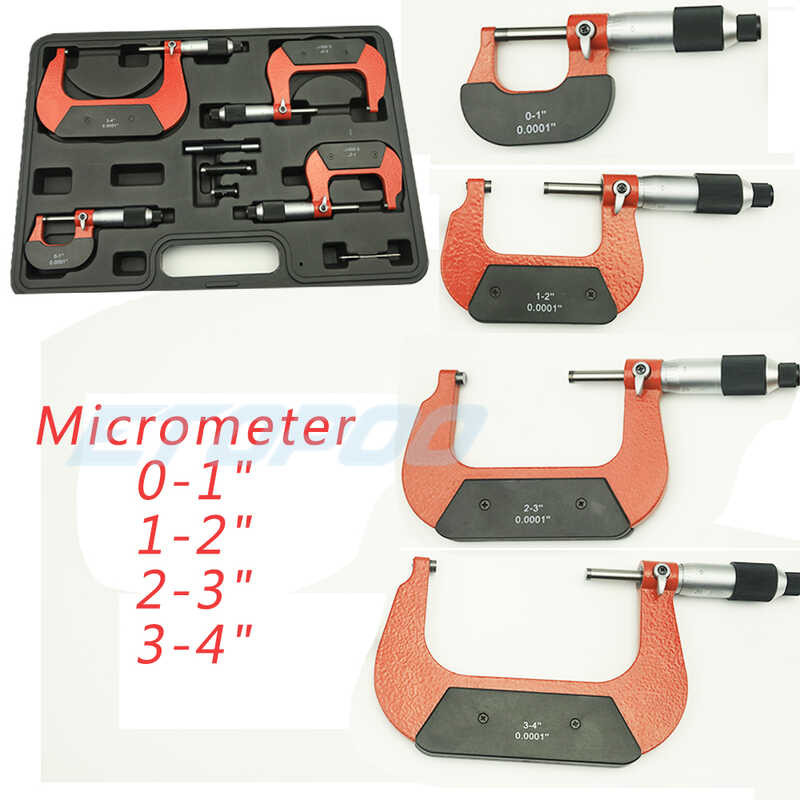 0-4 Inch Outside Micrometer Set - 0.0001" Accuracy With Carbide Tips