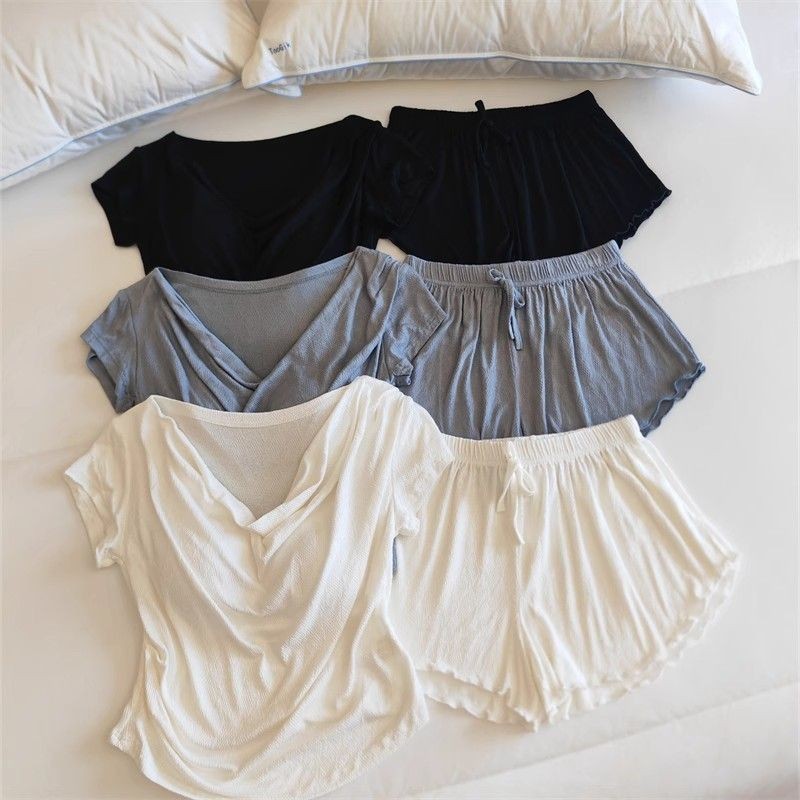 Solid Color Pajamas for Women Summer Short Sleeve with Chest Pad One ...