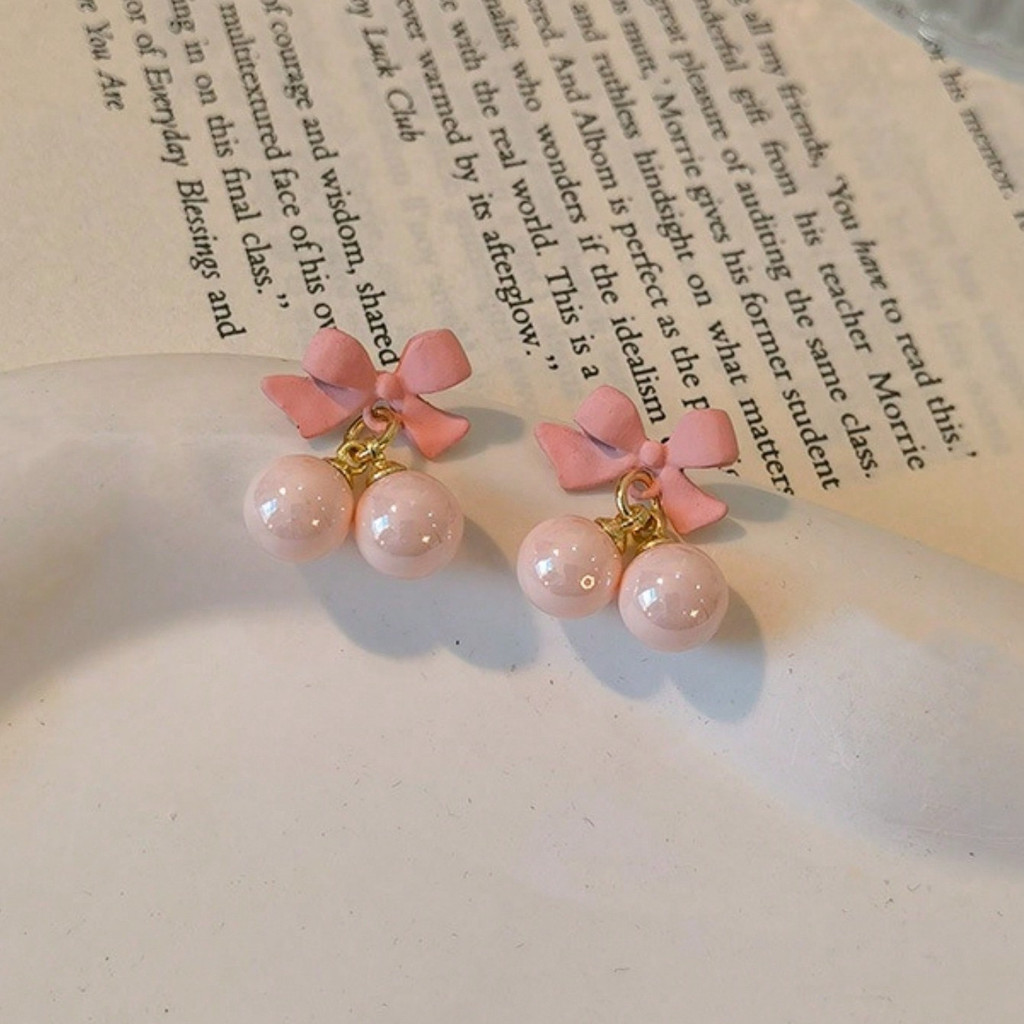 Sweet Girl'S Pink Ribbon And Faux Pearl Embellished Earrings With Cute ...