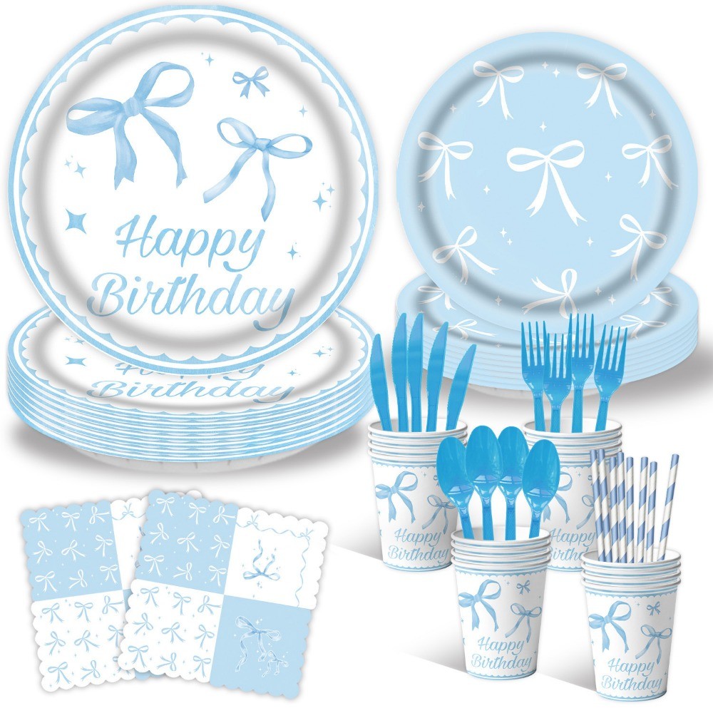 Blue Bow Birthday Theme Party Decoration Tableware Plate Cup Coquette ...