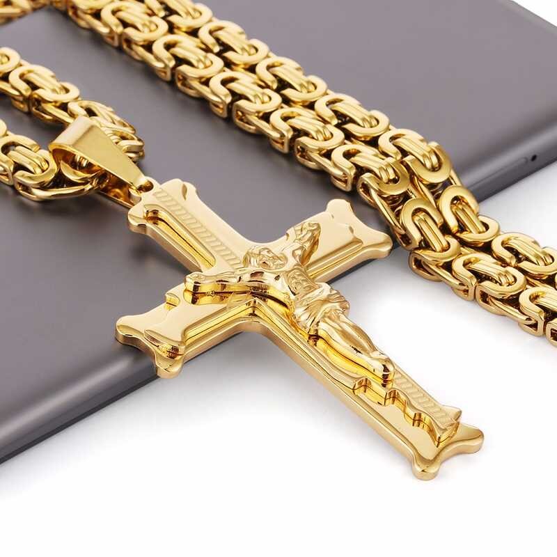 Gold Color Stainless Steel Jesus Cross Pendant 6Mm K Byzantine Chain ...