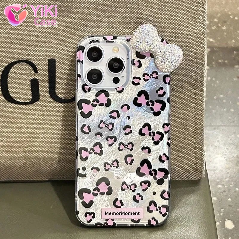 Leopard Print Hello Kitty Mirror Bow Strap Phone Case For iPhone 16 15 ...