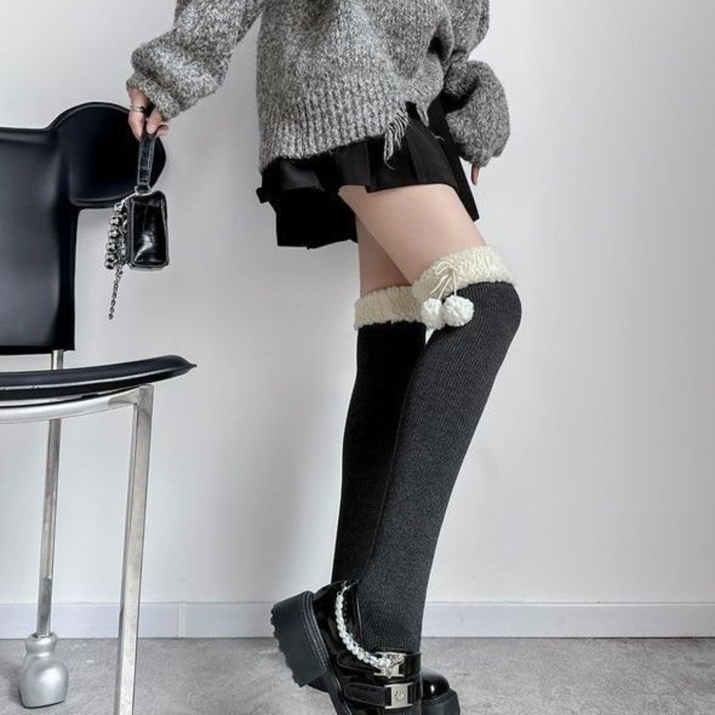 Lamb Wool Knee High Socks Autumn Winter Wool Balls Cute Warm Looped ...