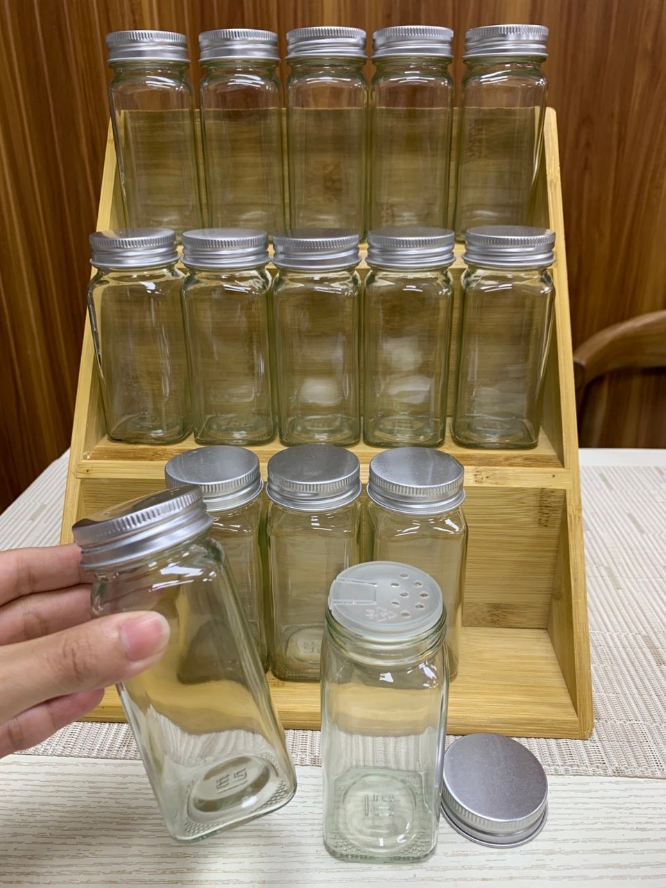 VSH 3-Tier Bamboo Storage Rack Shelves with Spices Glass Jars Set ...