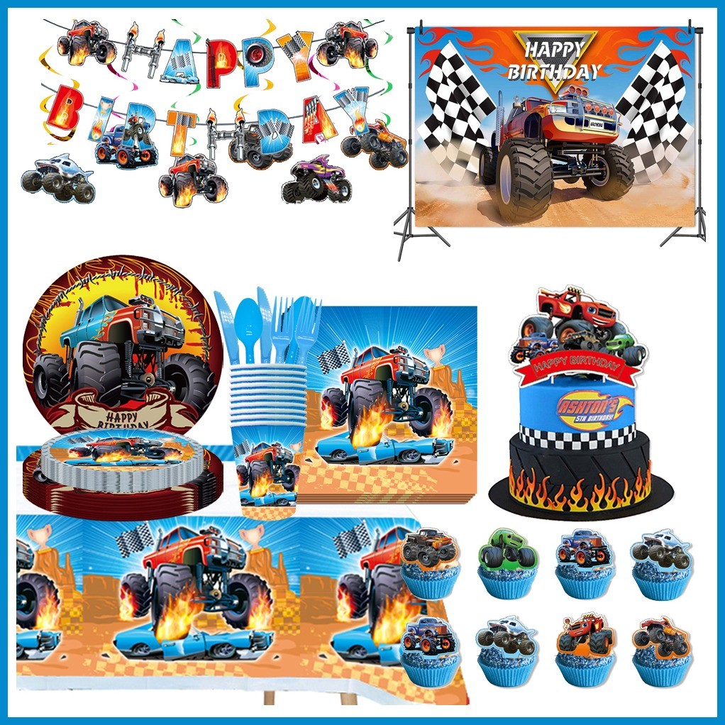 Monster Truck Birthday Theme Decoration Banner Paper Cup Loot Bag ...