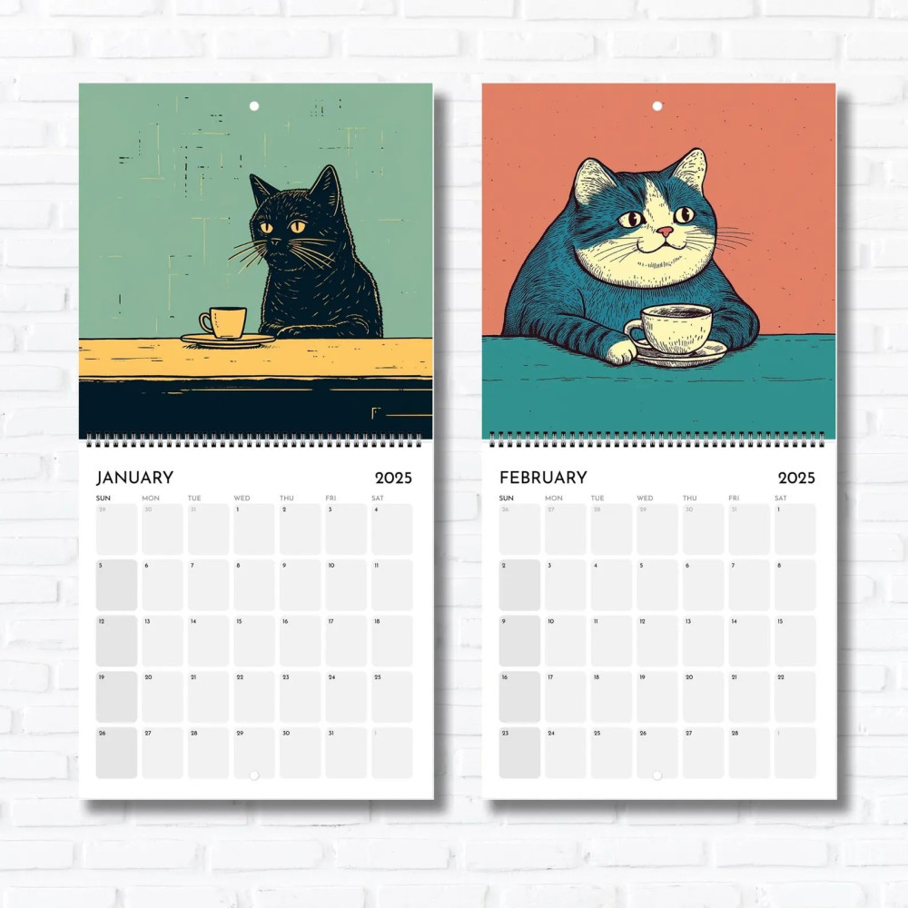 Cats Chillin' with Coffee 2025 Wall Calendar,Quirky and Fun Feline