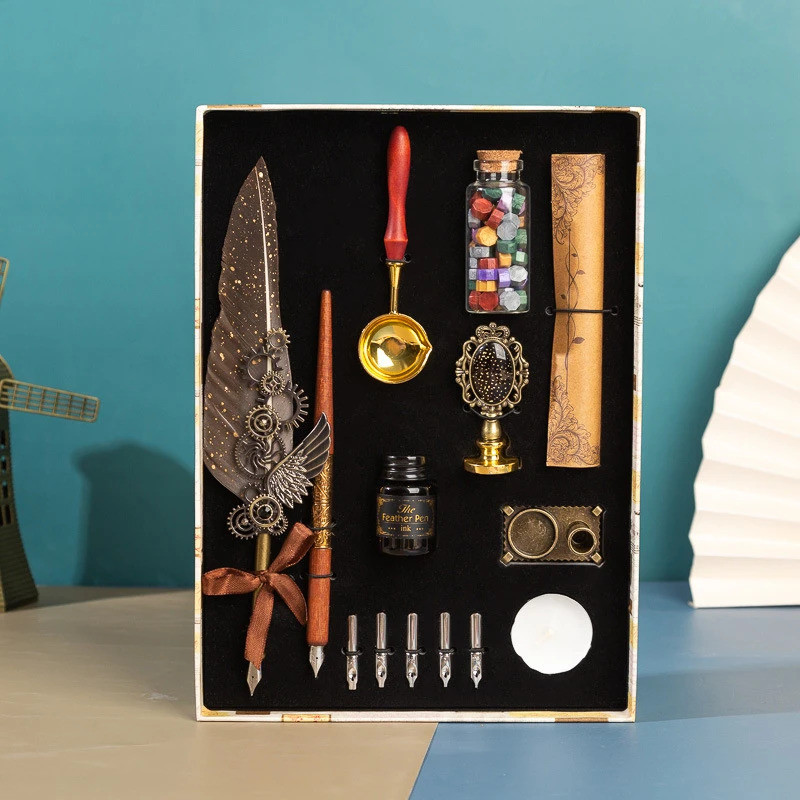 Retro Calligraphy Feather Dip Pen Writing Ink Set Stationery Quill ...