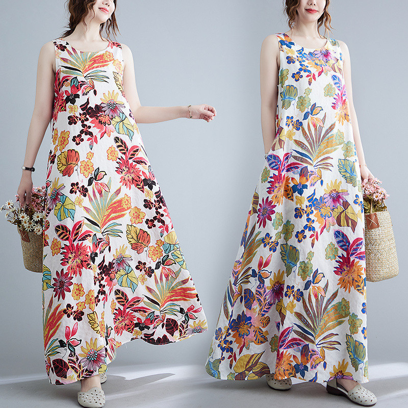 Flower Print Muslim Split-Front Batwing Sleeves Loose Round-Neck Maxi Dresses main image 0