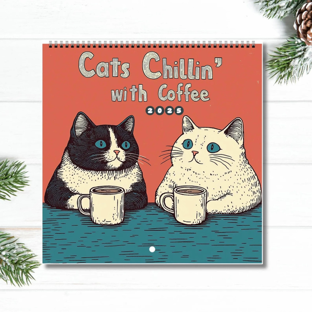 Cats Chillin' with Coffee 2025 Wall Calendar,Quirky and Fun Feline