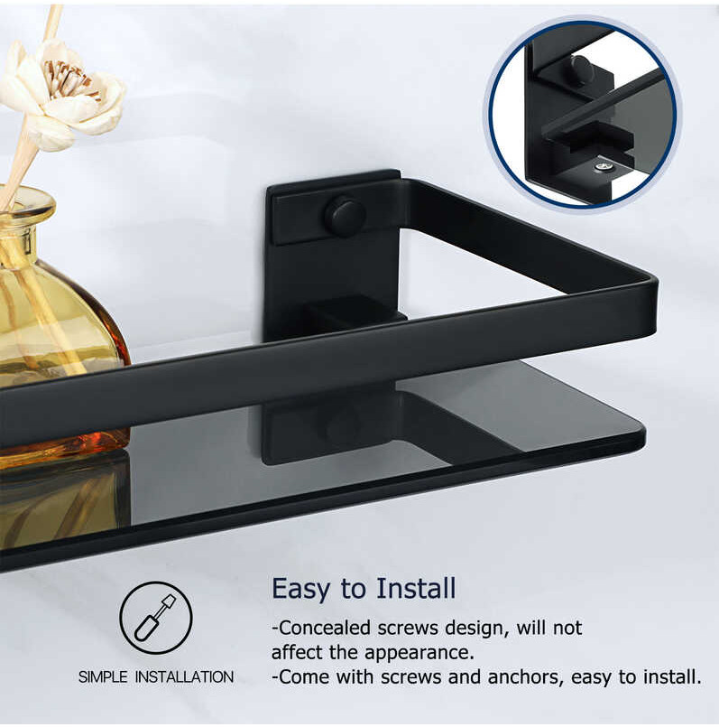 Shelf Bathroom Tempered Black Glass Shelf Wall Mounted, Matte Black ...