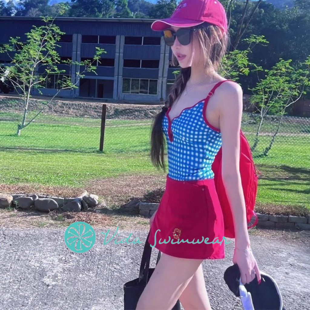 Local Sports & Outdoors Checkered One Piece Swimsuit Korean Swimwear ...