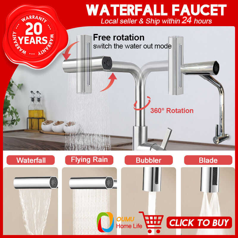 Oumu Waterfall Kitchen Sink Faucet Flexible Rotation Modes Wall Mounted ...