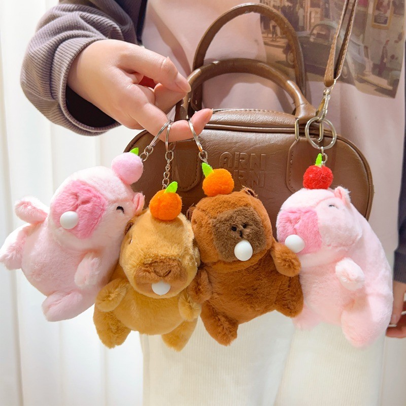 Cartoon Pink Plush Capybara Keychain- Creative Fashion Fluffty Toy Doll ...