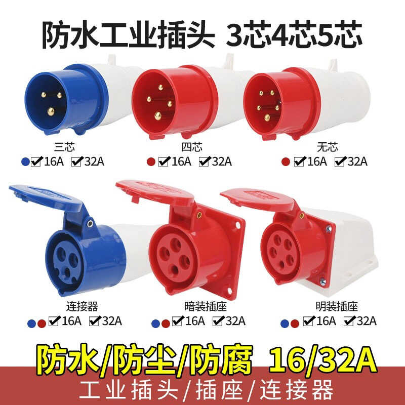 Industrial plug and socket connector, three-phase electrical 3-core 4 ...