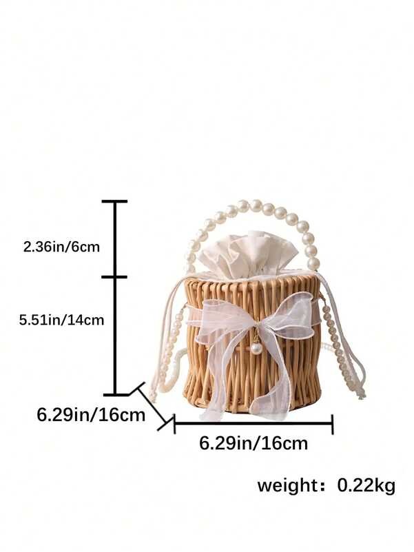 Woven Handmade Rattan Bucket Bag With Faux Pearl Handle Baskets Canasto ...
