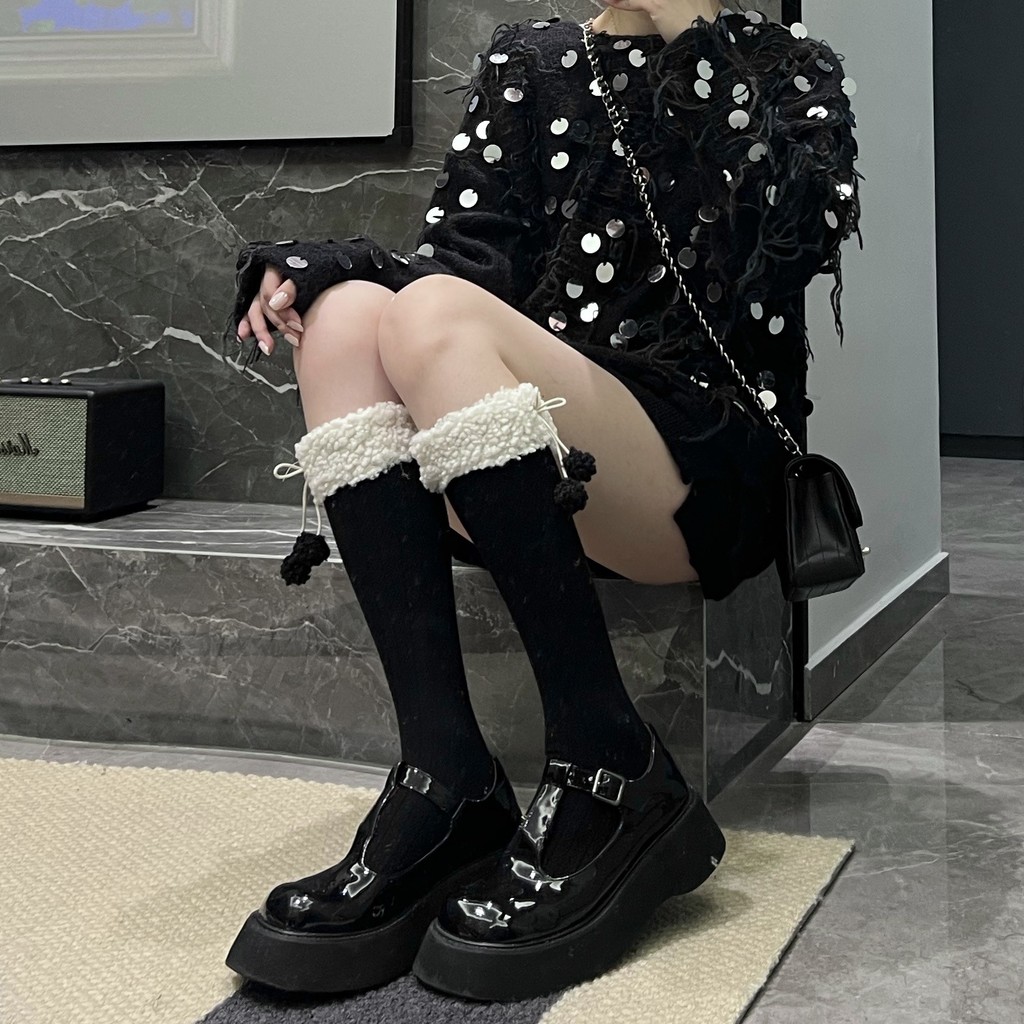 Lamb Wool Knee High Socks Autumn Winter Wool Balls Cute Warm Looped ...