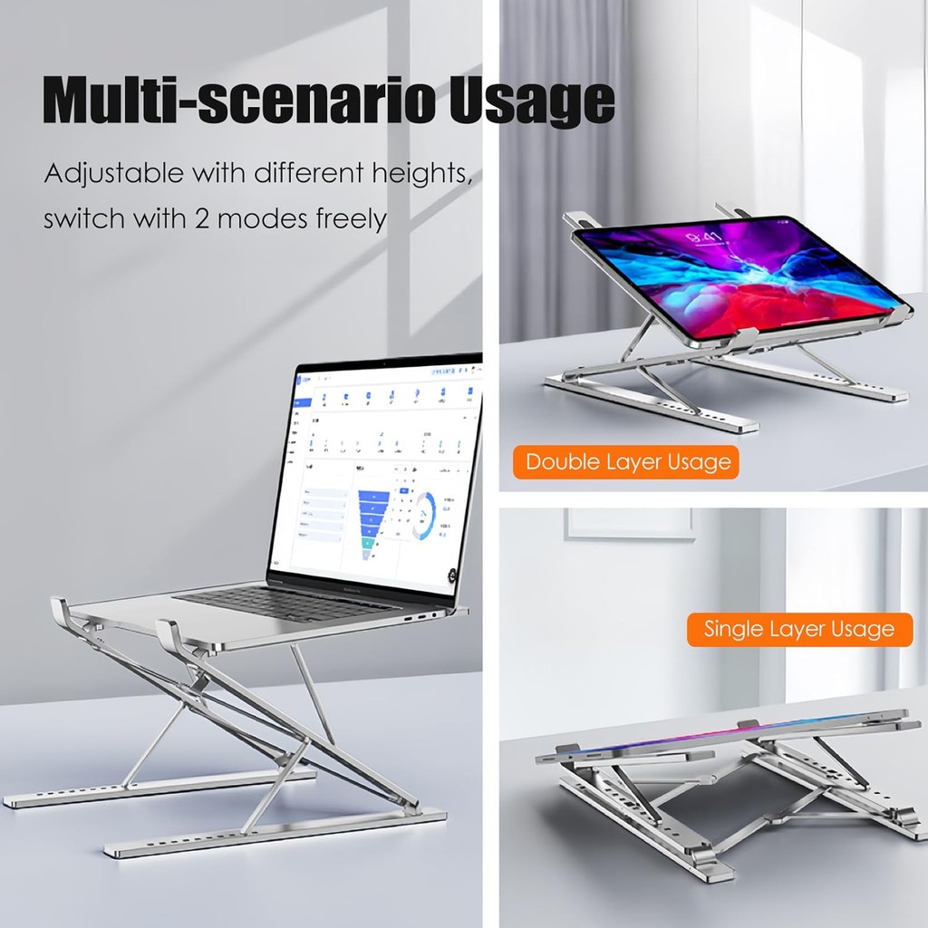 Zeus Aluminum Adjustable Double Layer Laptop Riser for Desk Foldable ...