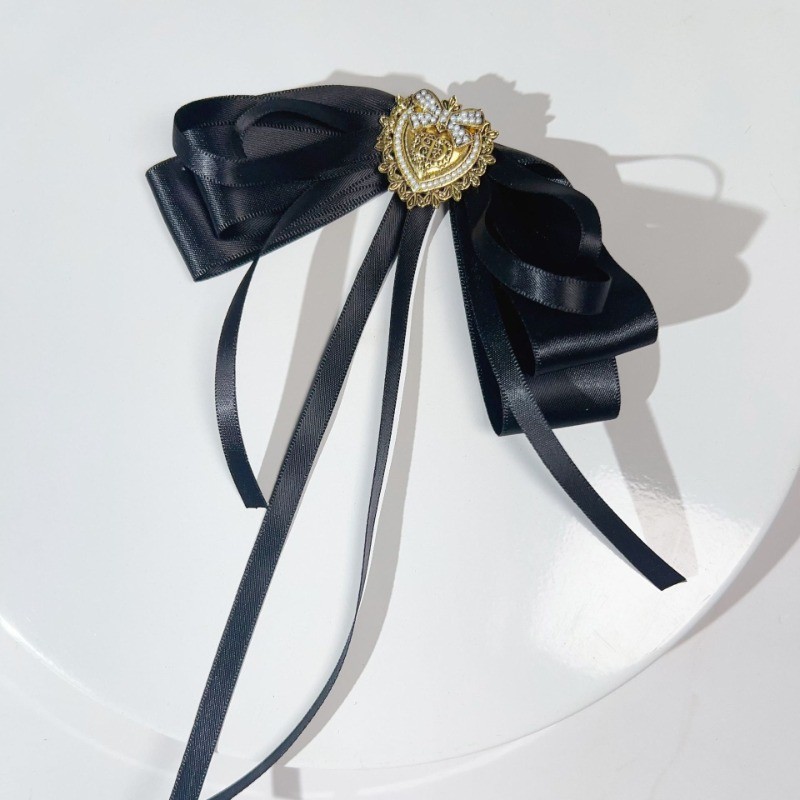 College Style Retro Pearl Heartshaped Bow Tie Black Bow Ribbon Ties