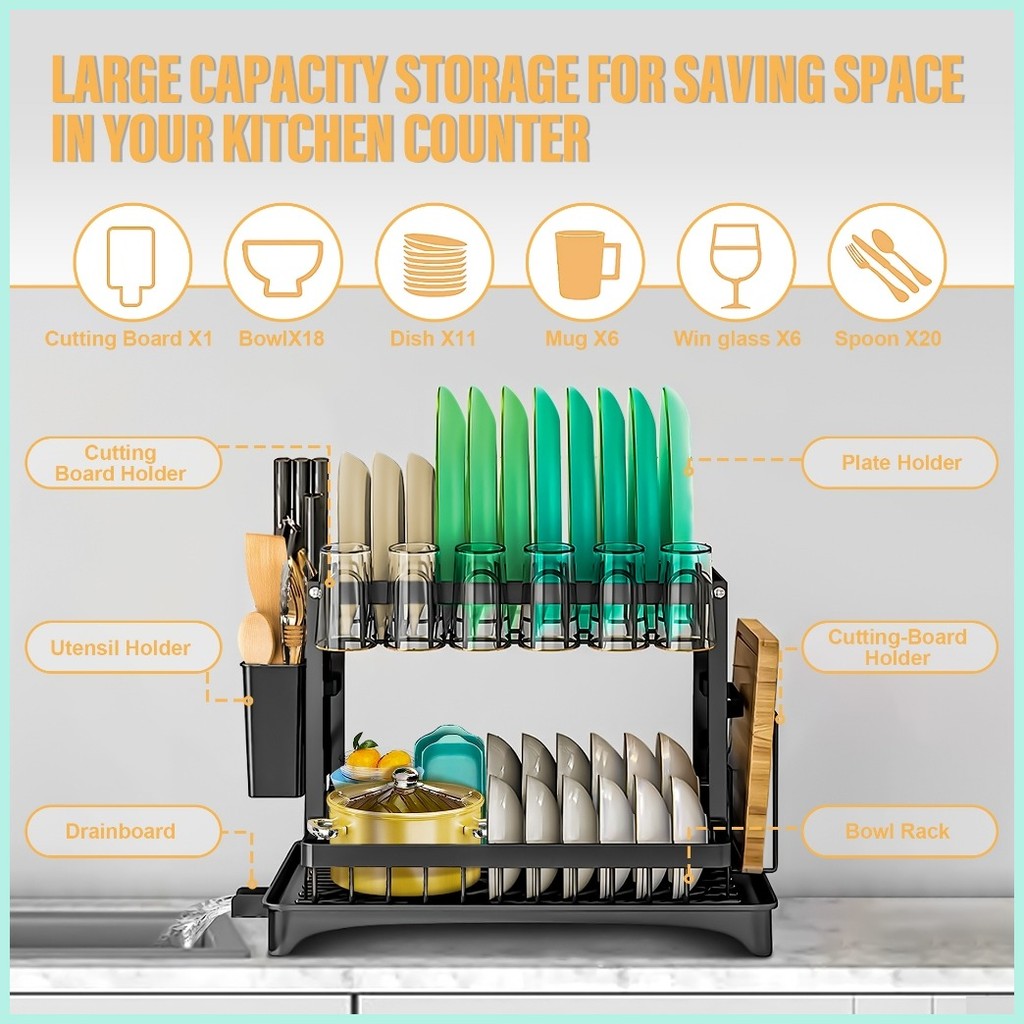 GAA 2 Tiers Dish Rack with Drainer Plates Organizer Rack Dishes ...