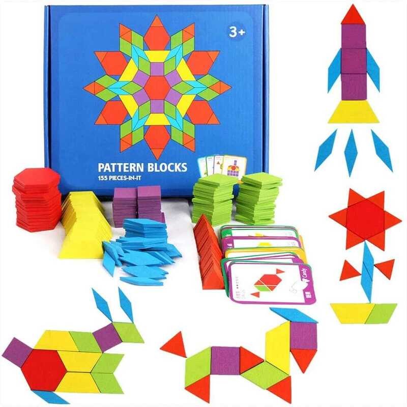 Wooden Pcs Pattern Blocks Set Geometric Shape Puzzle Kindergarten ...