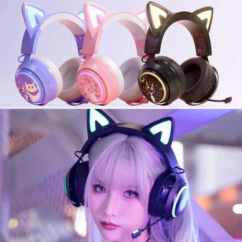 Bike Motorcycle Helmet GS Pink Cat Ear Headphones With RGB LED Light ...